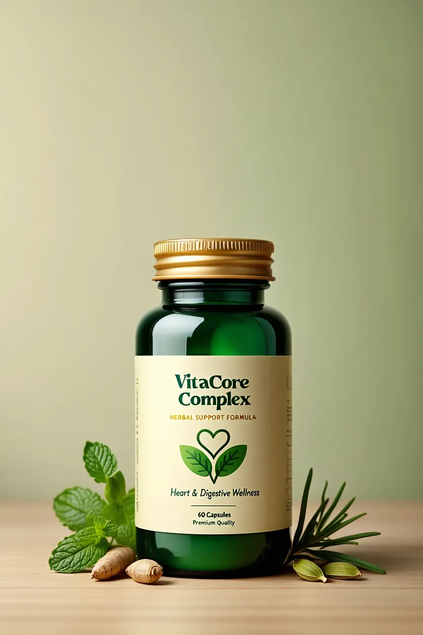 VitaCore Complex supplement bottle with natural herbal ingredients for heart and digestive support